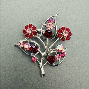 Vintage Mid-Century Crystal Rhinestone Leaf Pin w Flowers Silver Pink AB Red